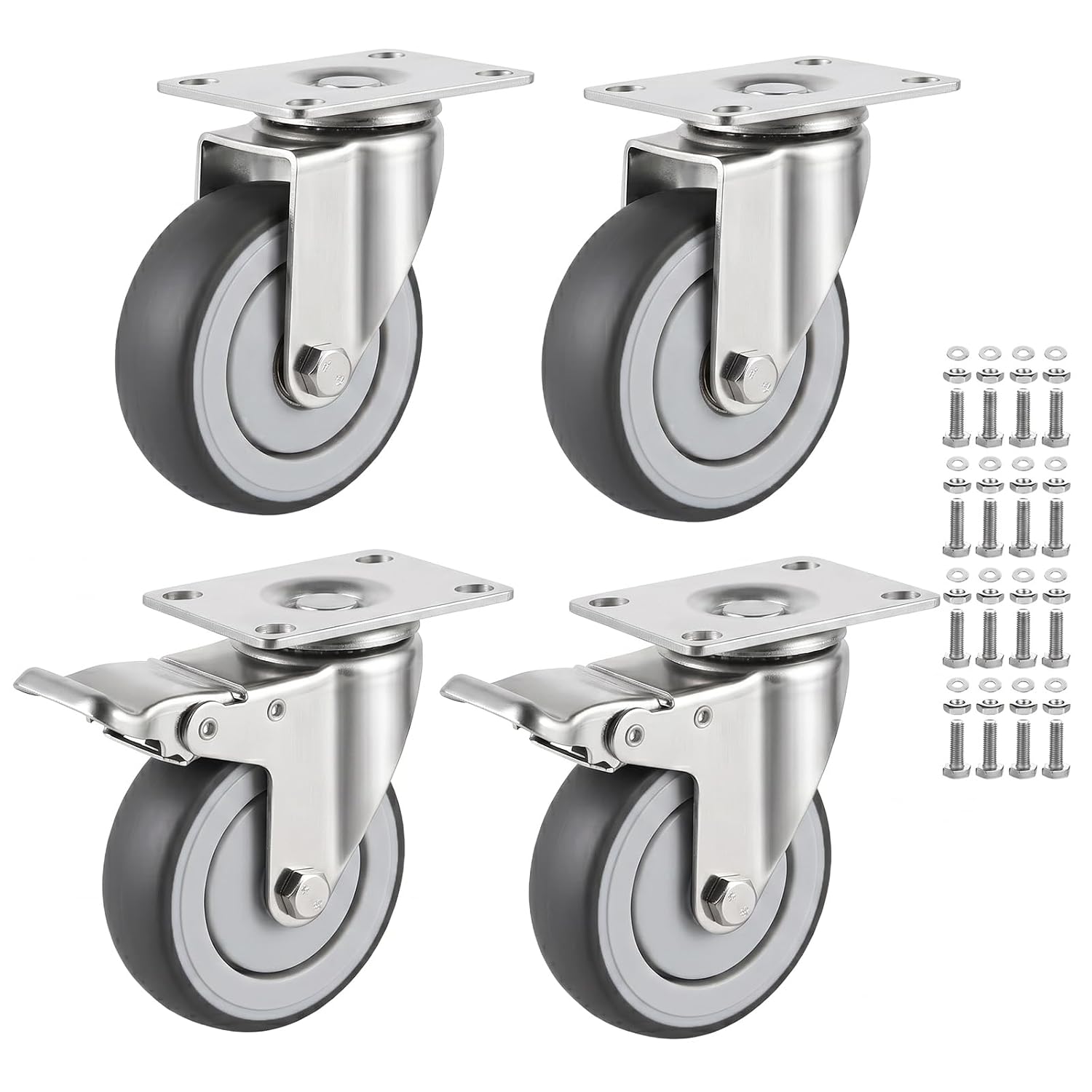 4 Inch Caster Wheels Set of 4 Heavy Duty Swivel Casters Includes Mounting Hardware 1320 Lbs Load Capacity Quiet TPE
