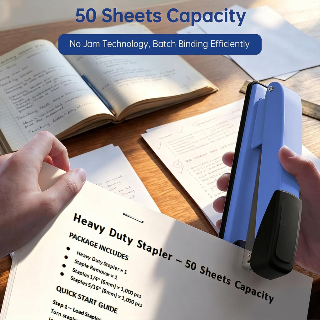 Metal Stapler Heavy Duty for Desk - 50 Sheet Capacity with 2000 Pieces 1/4", 5/16" Staples and Staple Remover, No