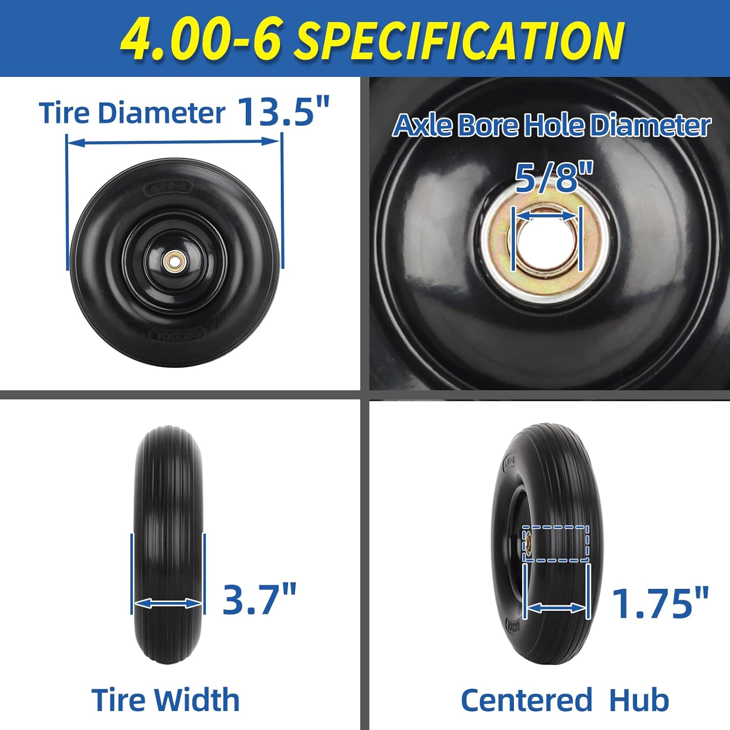 4.00-6 Wheelbarrow Tire, 13" Flat-free Solid Tire and Wheel, with 5/8" or 3/4" Bearings, 1.75" Centered Hub for