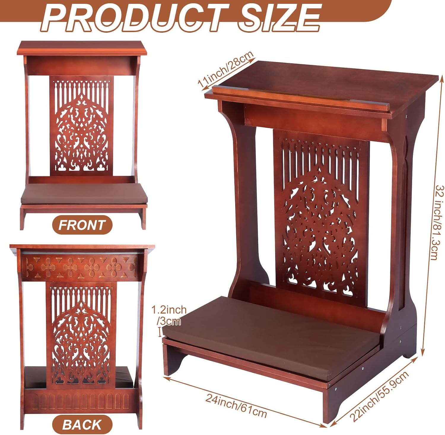 Tree of Life Church Prayer Bench Stool Wooden Padded Kneeler with Shelf and Cushion Prayer Kneeler for Home Church