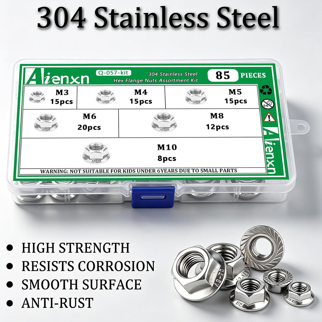 85PCS Hex Flange Nuts Assortment, 304 SS, 6 Metric Sizes M3-M10