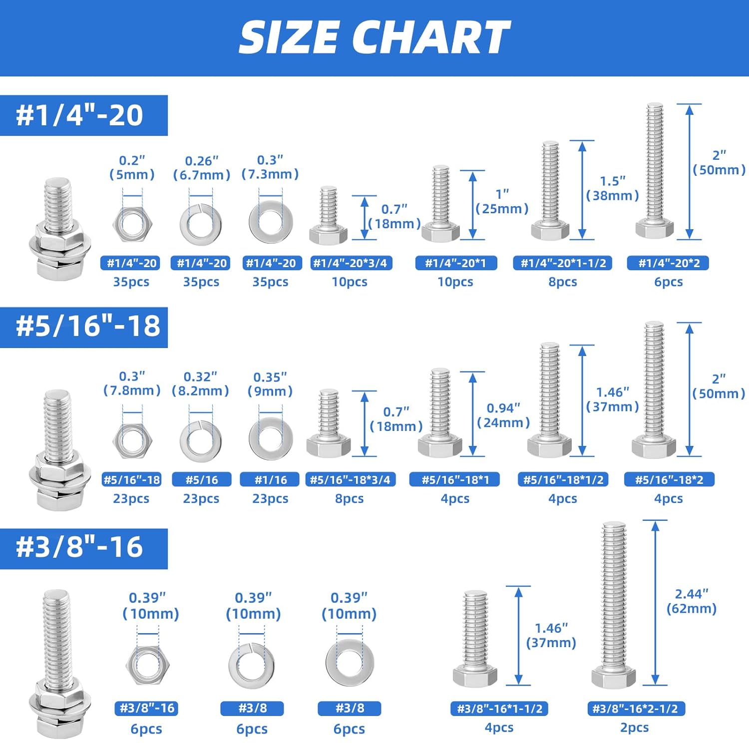 252Pcs Hex Bolts and Nuts Assortment Kit, 1/4-20, 5/16-18, 3/8-16 Assorted Bolts Nuts and Washers Kit, 304 Stainless