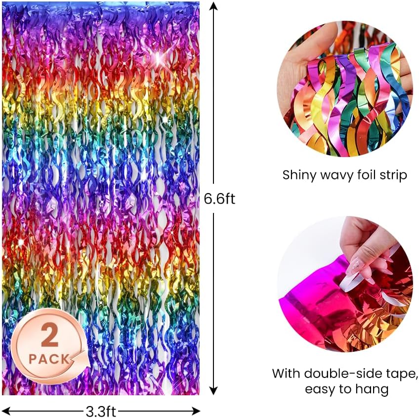 Shiny Rainbow Foil Fringe Curtain Wavy Rainbow Tinsel Streamer Backdrop for Party Decorations Birthday Wedding
