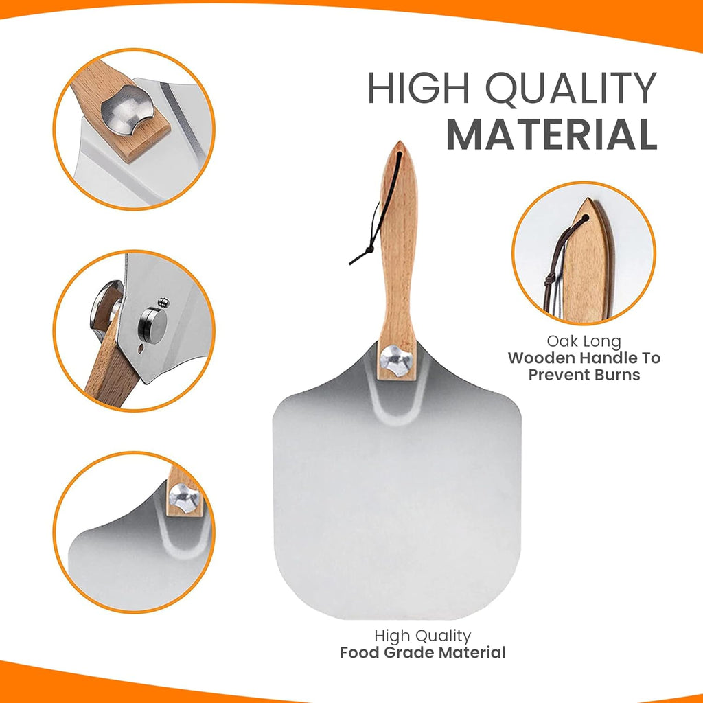 SKH Premium Aluminum Pizza Peel with Foldable Wooden Handle & Rocker Cutter -Large 23" x 12" Metal Pizza Paddle for