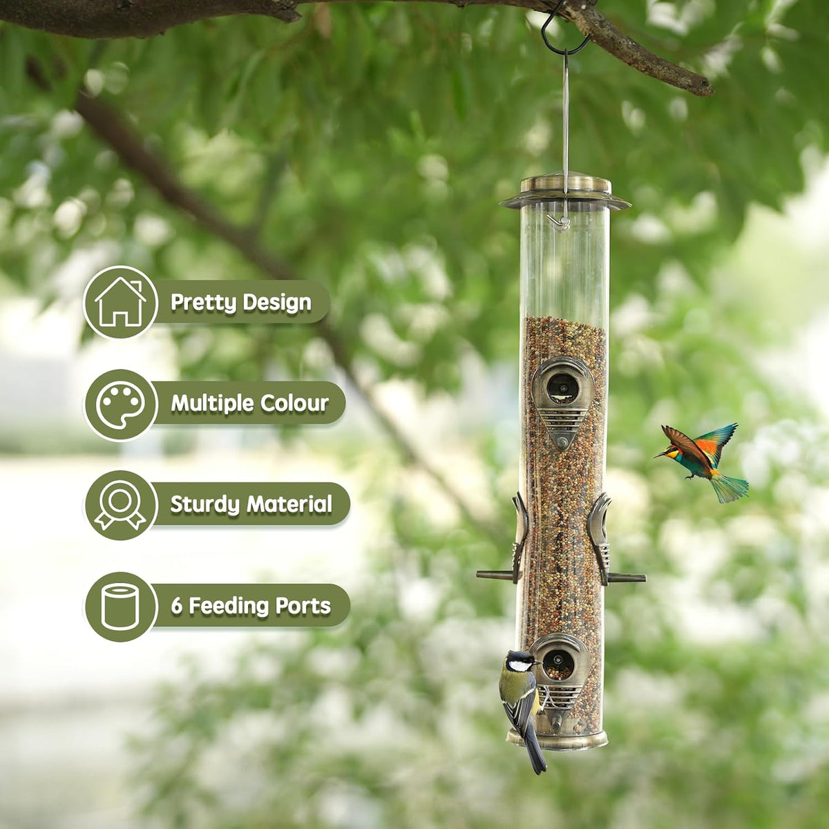 Metal Bird Feeder Tube Hanging Wild Bird Seed Feeder Aluminum Six Port Bird Feeders,1.4 mm Extra Thick Solid Tube