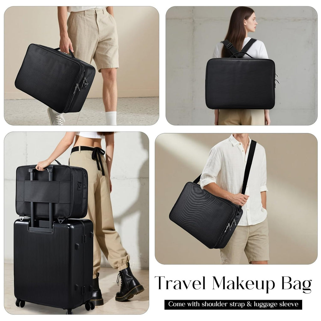 Large Makeup Bag, 3 Layers 17” Makeup Case Organizer with Mirror Professional Cosmetic Storage Backpack Box Travel