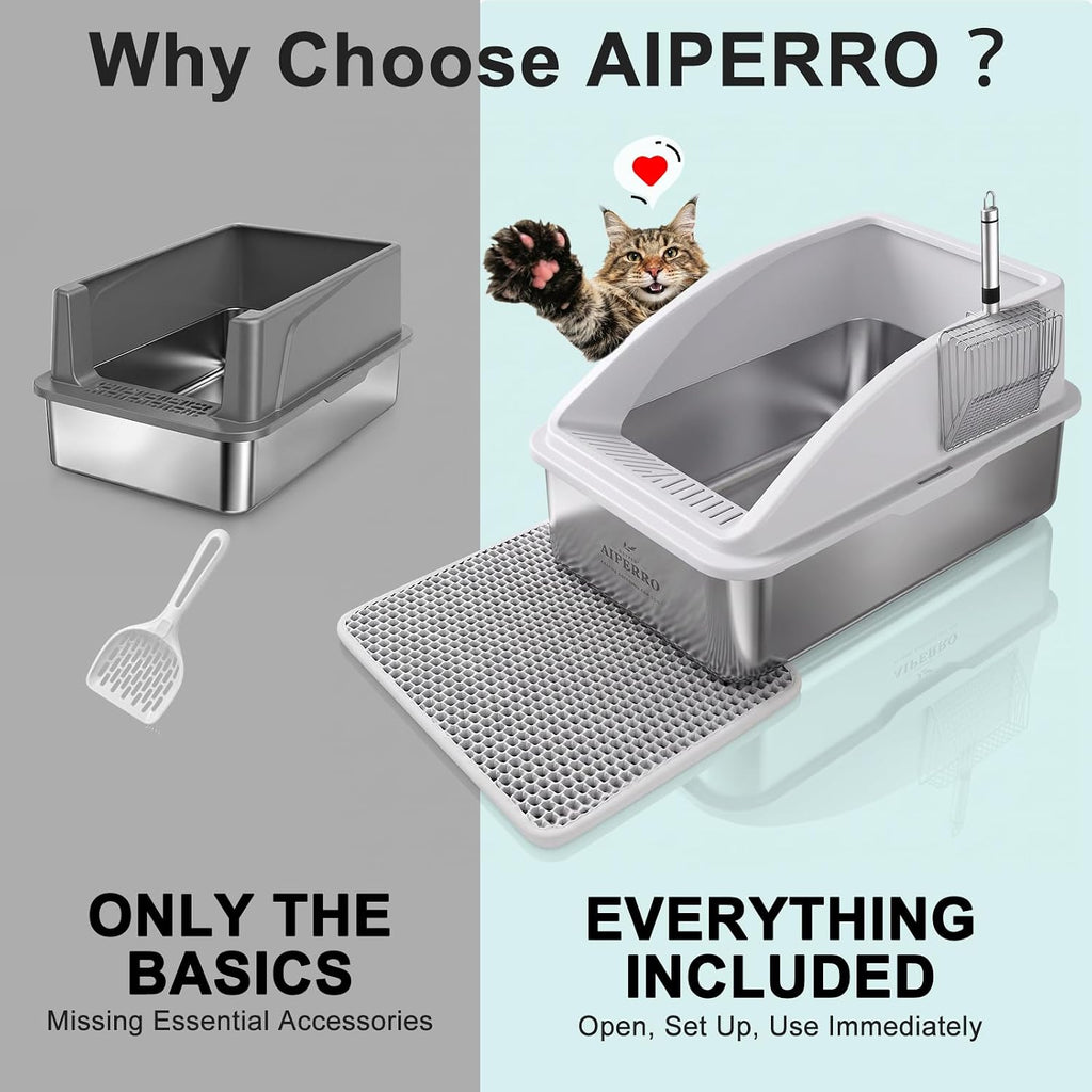 Stainless Steel Litter Box | XL Enclosed Cat Litter Boxes with Lid for Big Cats | High Sided, Anti-Urine Leakage |
