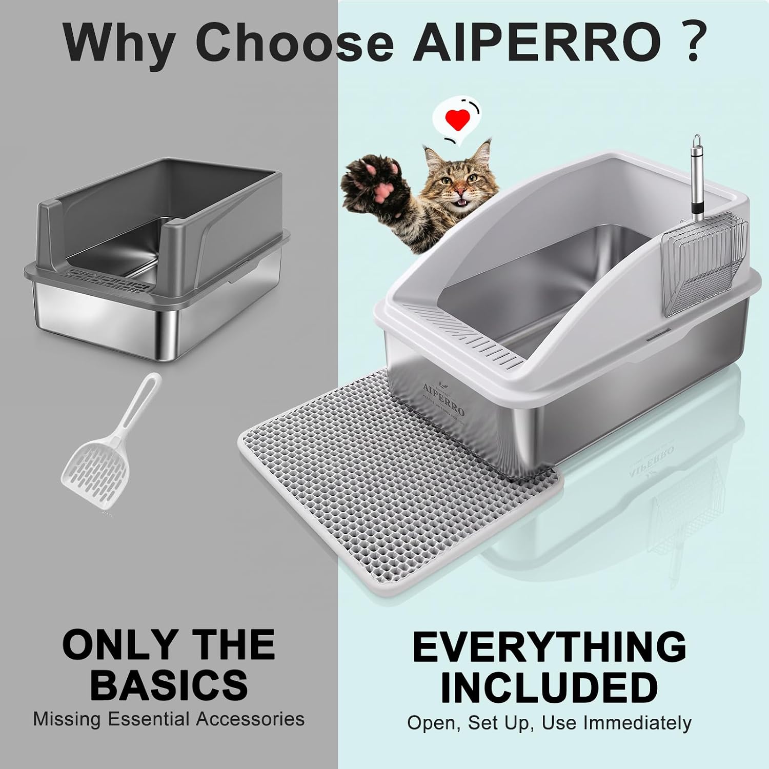 Stainless Steel Litter Box | XL Enclosed Cat Litter Boxes with Lid for Big Cats | High Sided, Anti-Urine Leakage |