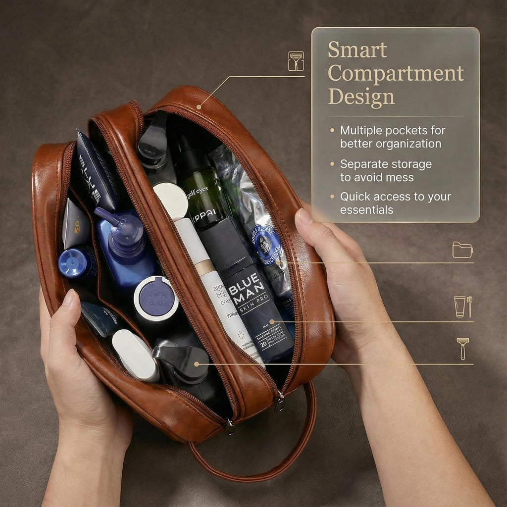 Men’s Toiletry Bag Travel Dopp Kit – double-deck PU Leather Water-Resistant Shaving Organizer Large Capacity, Double