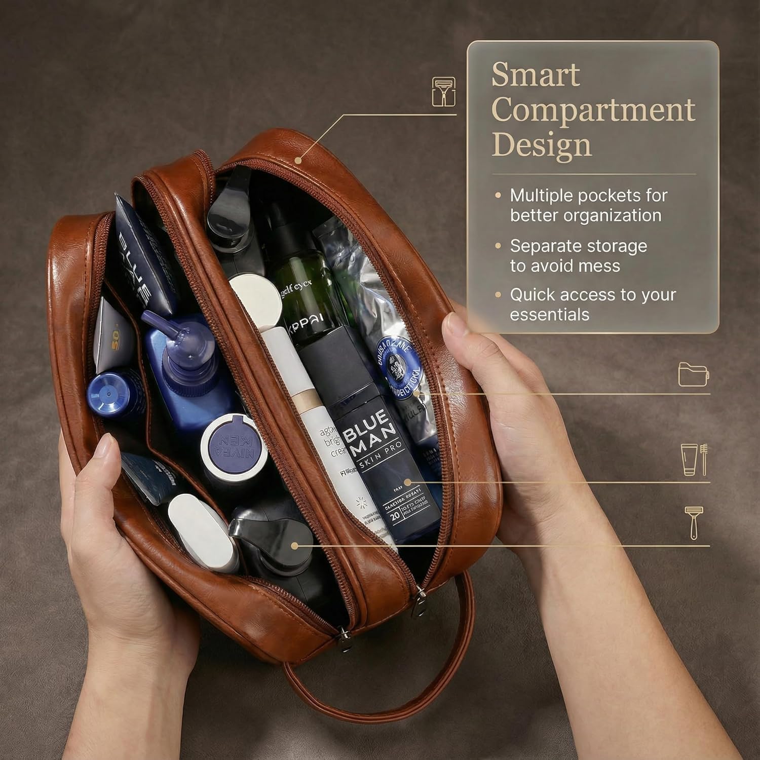 Men’s Toiletry Bag Travel Dopp Kit – double-deck PU Leather Water-Resistant Shaving Organizer Large Capacity, Double