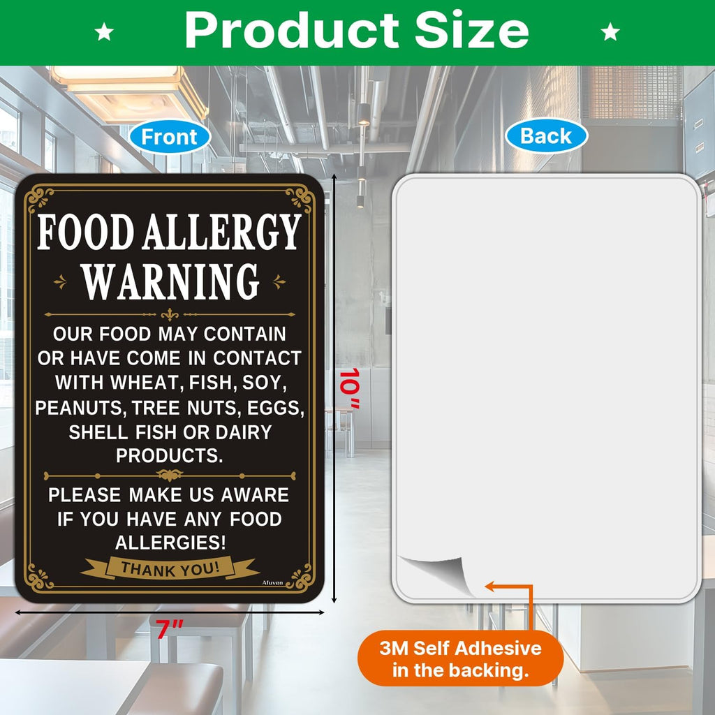 Food Allergy Warning Signs Safety 10” x 7” Suitable for Bar Cafe Restaurant Hotel, Sturdy Plastic, Self Adhesive