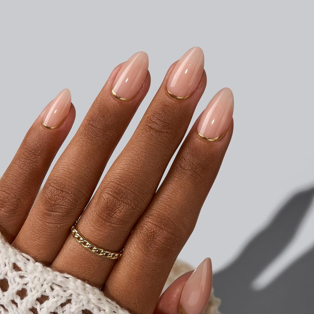 Press On Nails, Almond Short Nude Fake Nails, 32Pcs Full Kit