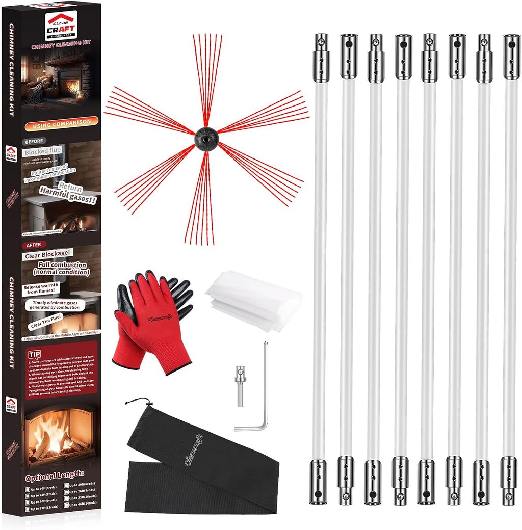 26 Feet Chimney Sweep Kit, Chimney Cleaning Kit with 8 Flexible White Chimney Rods, Chimney Brush, Rotary Chimney