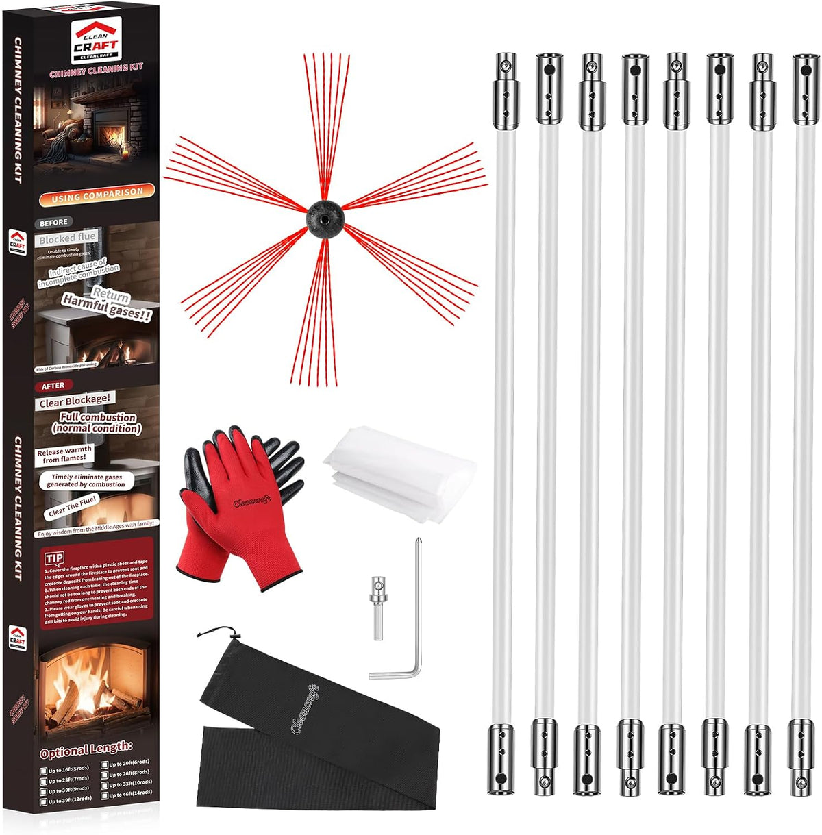 26 Feet Chimney Sweep Kit, Chimney Cleaning Kit with 8 Flexible White Chimney Rods, Chimney Brush, Rotary Chimney
