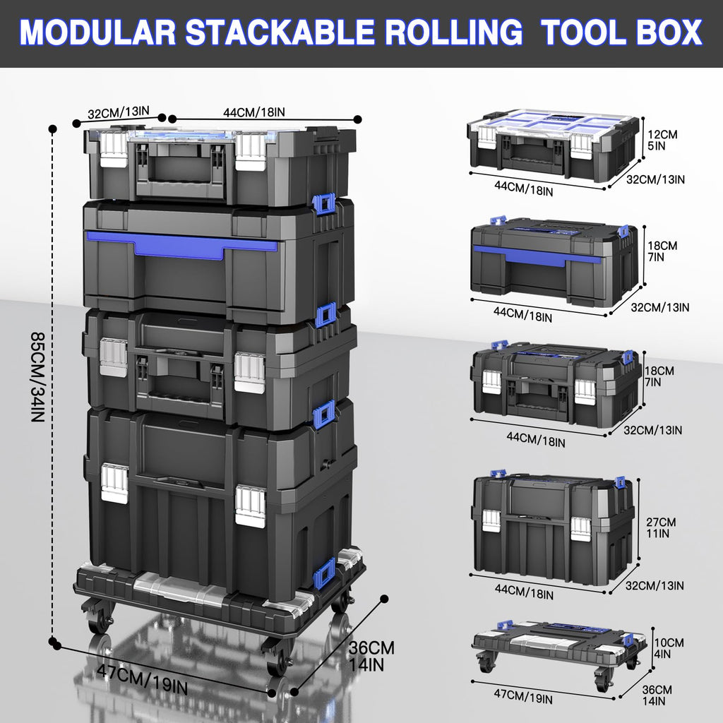 5 Tier Stackable Tool Box with Wheels, Rolling Tool Box Organizer