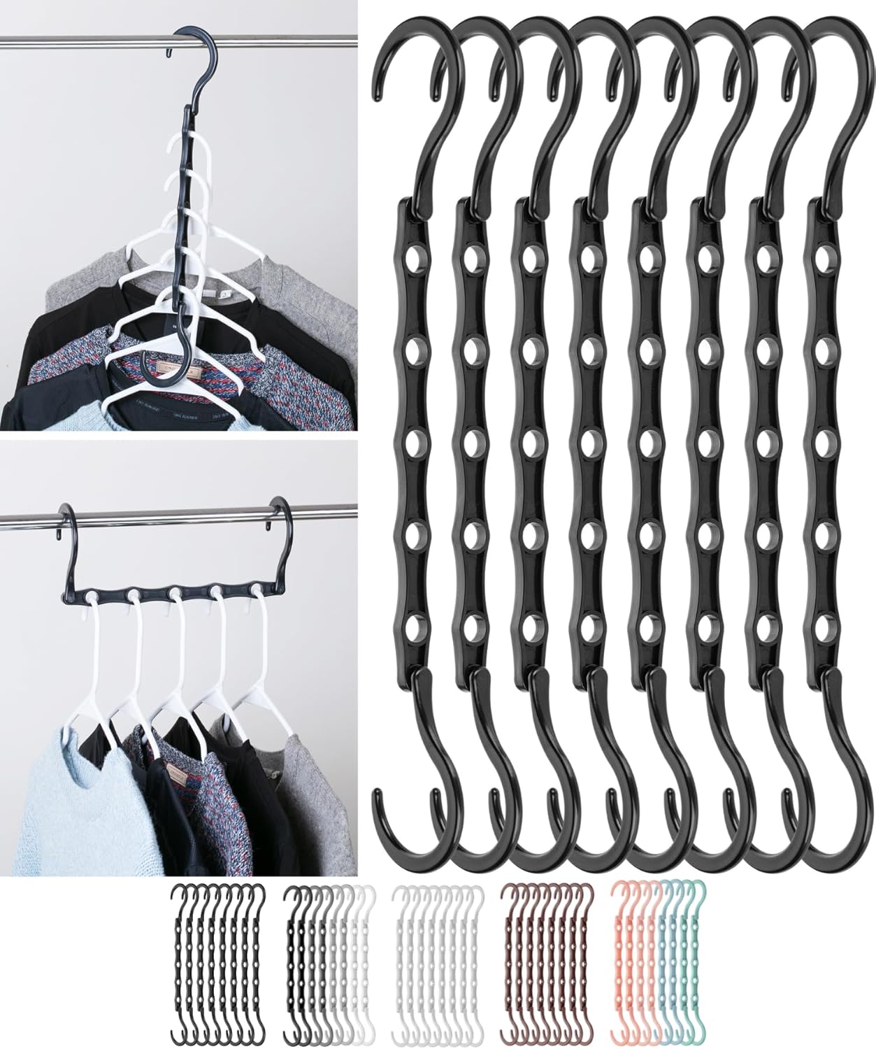 Space Saving Hangers, 8 pcs, 360° Rotating Hooks, Magic Cascading Hanger Organizer with 5 Enclosed Slots, Closet