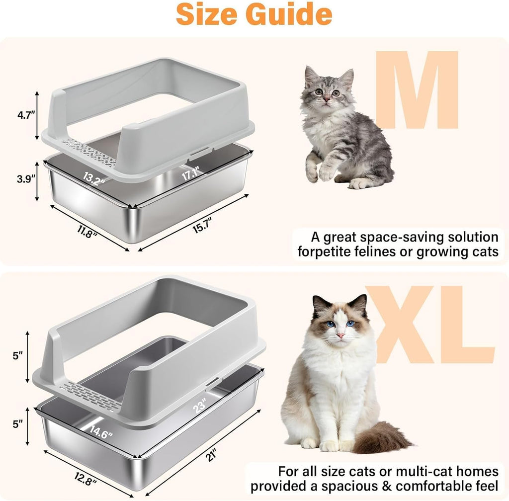 Stainless Steel Litter Box with High Sides, Small Metal Litter Box for Kittens & Medium Cats, Low Entry Kitten Litter