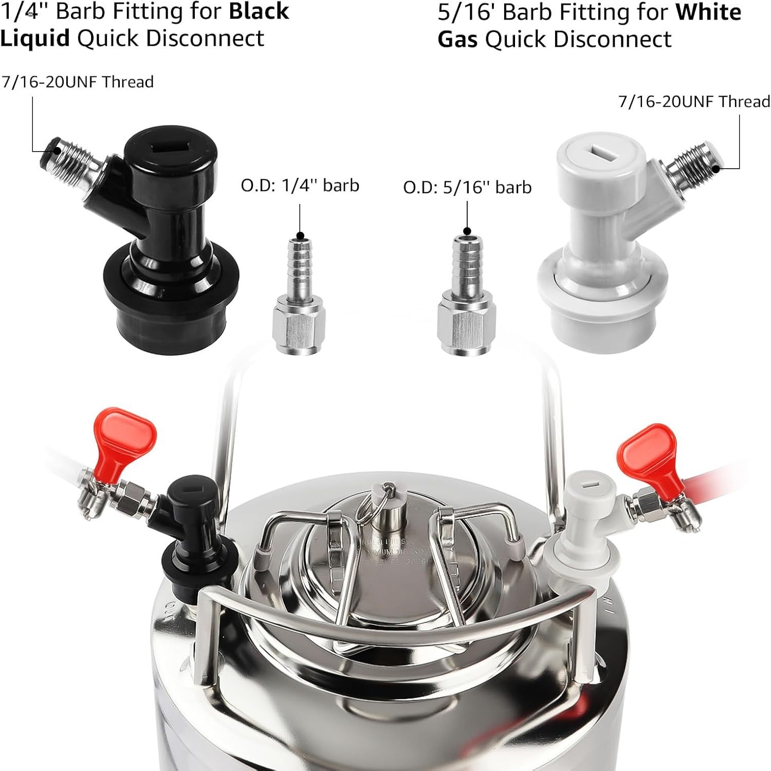 Ball Lock Keg Connectors – Corny Keg Post Quick Disconnect Set | No Leakage, O.D 1/4" Beer & 5/16" Gas Barb, 4x Spare
