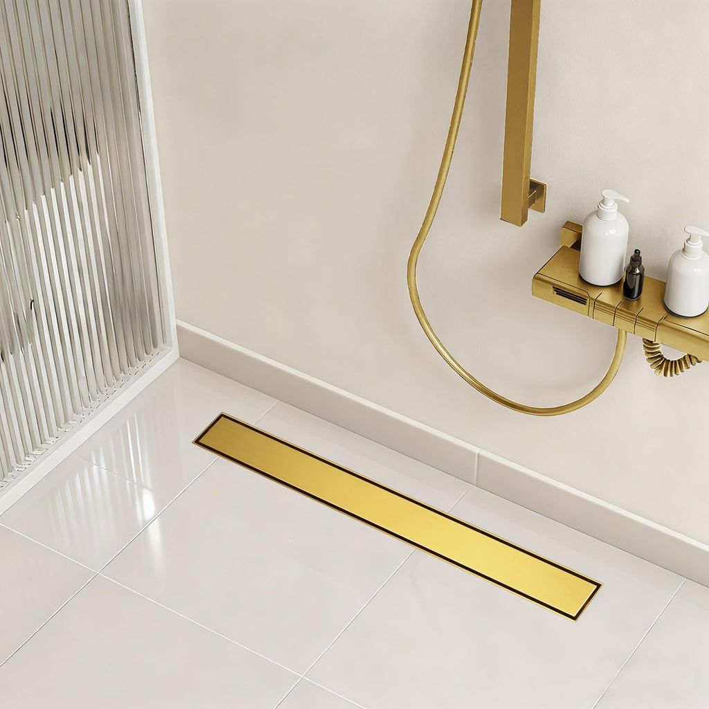 18 Inch Linear Shower Drain, with Tile Insert Grate (Brushed Gold)