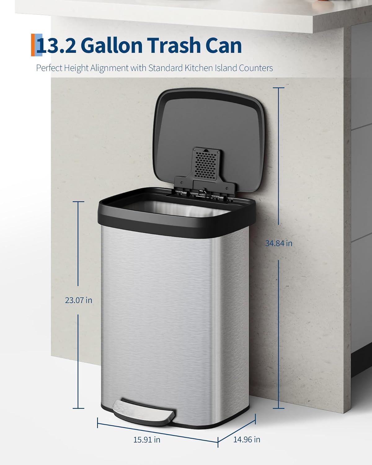 13 gal / 50 L Stainless Steel Trash Can with Lid, Large Garbage Can for Kitchen, Rustproof Step-on Kitchen Metal