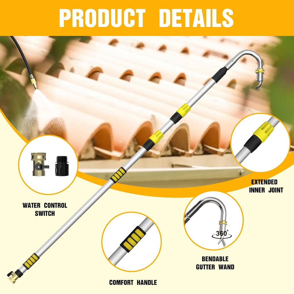 Gutter Cleaning Tools from The Ground, 24FT Reach Rain Cleaner with Bendable Wand and Quick Connect Adapter for