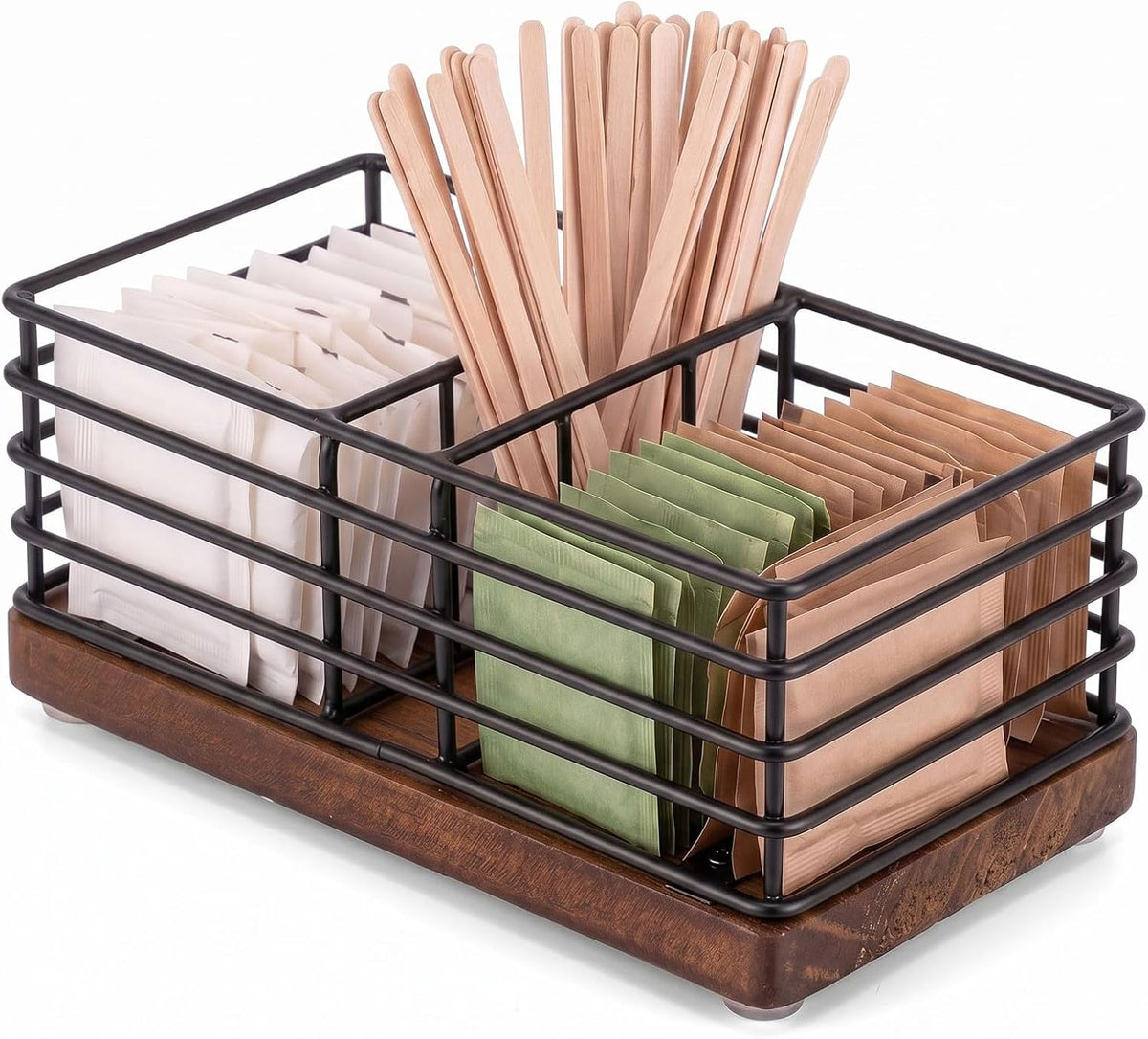 Sugar Packet Holder for Coffee Bar, 3 Slot, Wood Wire, Rustic Black