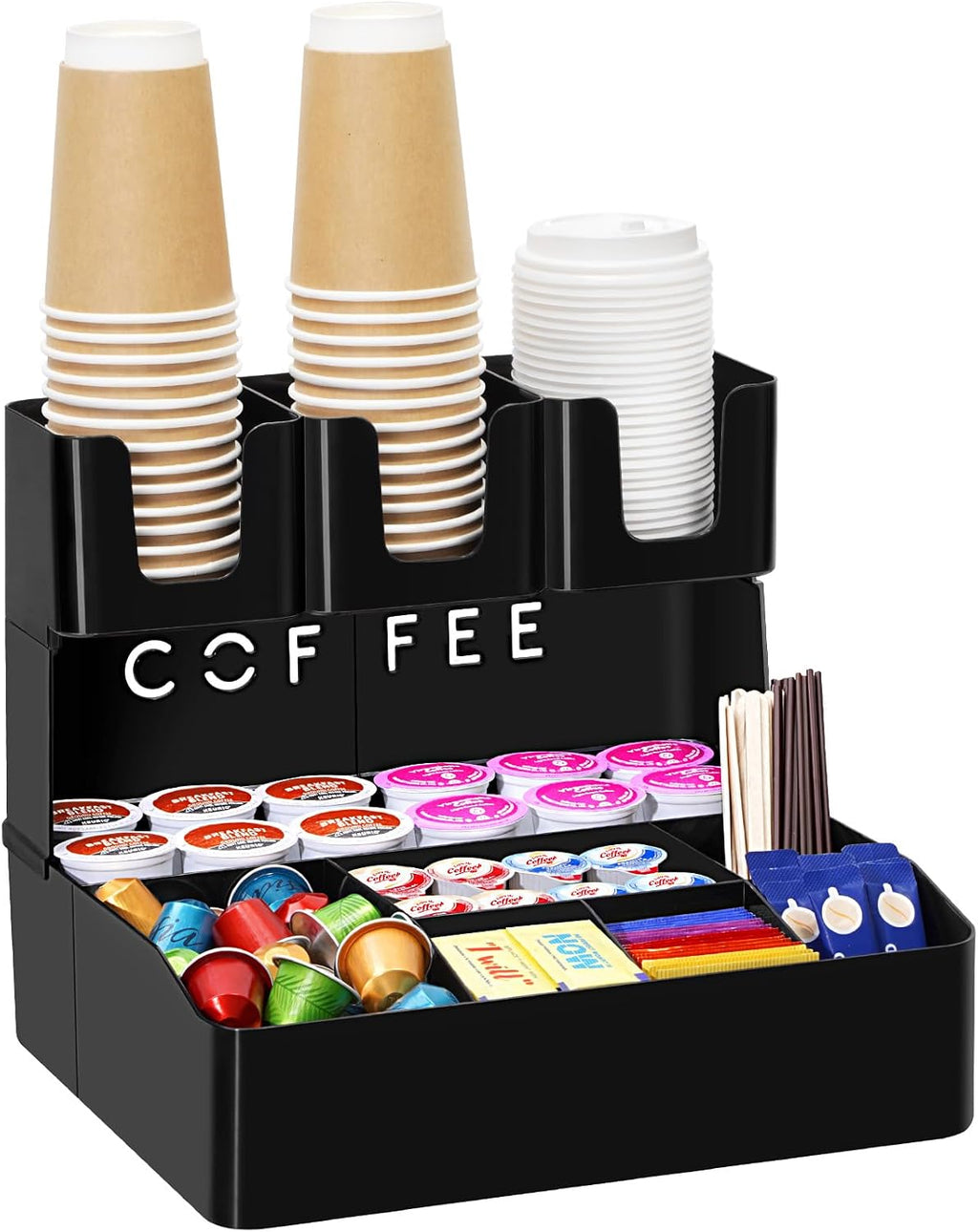 2-tier Coffee Station Organizer, 10 Compartments, Black, Plastic