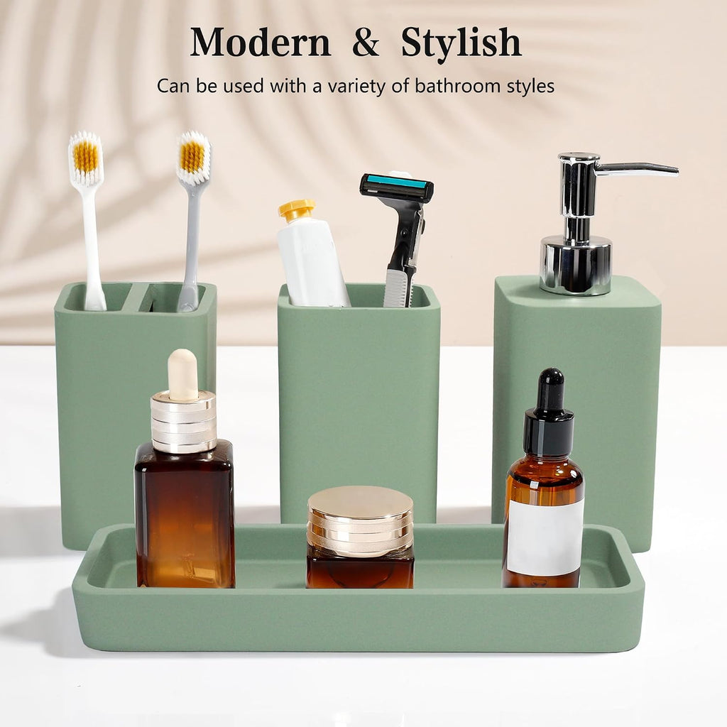 Bathroom Accessories Set, 4 Piece Toothbrush Holder Set - Green | Bathroom Accessory Set with Soap Dispenser