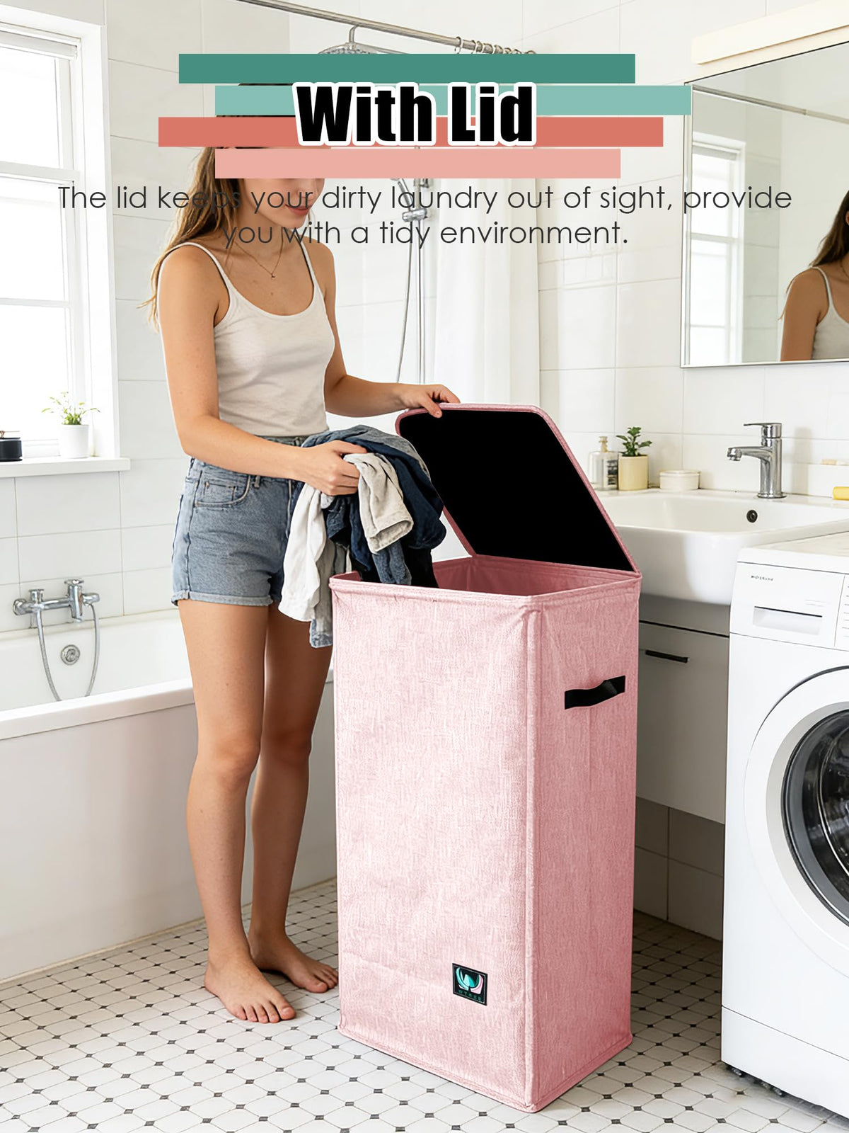 Laundry Hamper with Lid, Reinforced Sturdy Clothes Hamper with Anti-Puncture Base, Large Collapsible Laundry Basket
