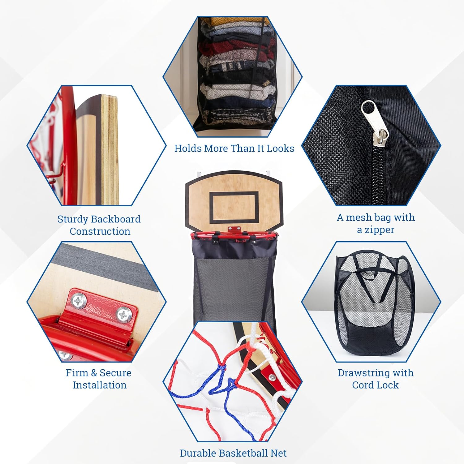 Basketball Laundry Hamper, Over The Door Hoop with Laundry Basket, Sports-Themed Hamper Organizer Set with Backboard
