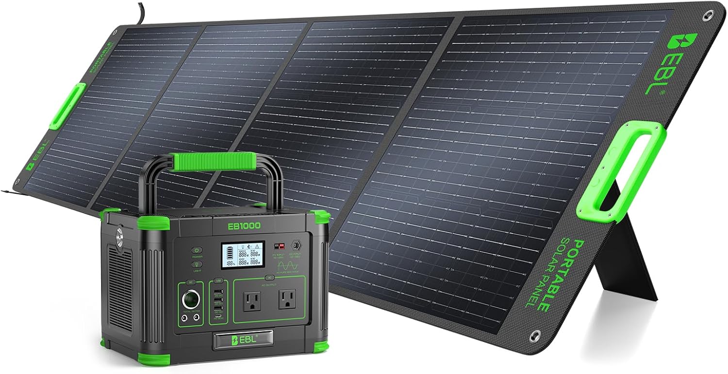 1000W Portable Power Station with 200W Portable Solar Panel | 23.5% High Efficiency Solar Panel, EBL 999Wh Solar