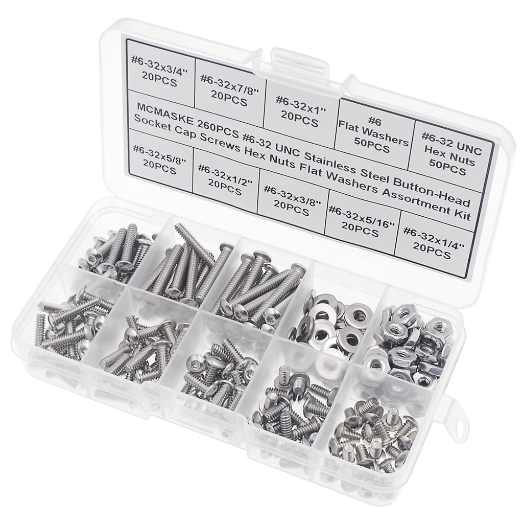 #6-32 UNC Stainless Steel Button-Head Socket Cap Screws Hex Nuts Flat Washers Assortment Kit