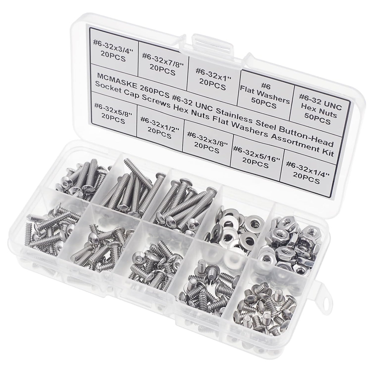 #6-32 UNC Stainless Steel Button-Head Socket Cap Screws Hex Nuts Flat Washers Assortment Kit