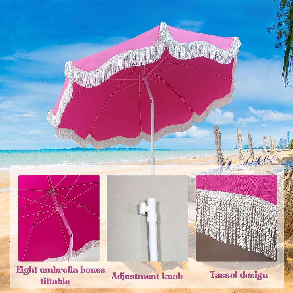 Waterproof Boho Patio Umbrella with Tassels UPF 50+ Table Umbrellas for Outside 6.56ft Sun Umbrella Beach W/Tilt
