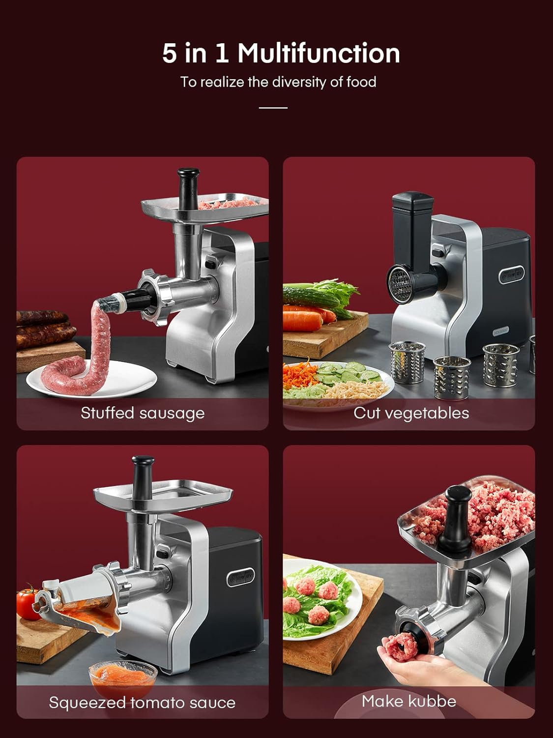 Electric Meat Grinder Heavy Duty - 5 in1 Meat Grinders for Home Use - 3000W Max Powerful - Sausage Stuffer with 3