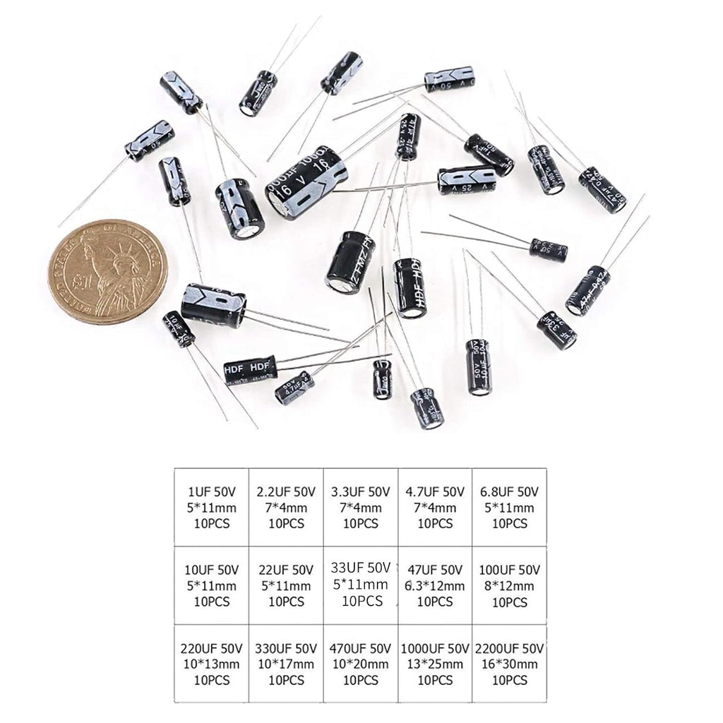 150PCS Electrolytic Capacitor Assortment Kit for Electronic Applications 50V 1uF - 2200uF