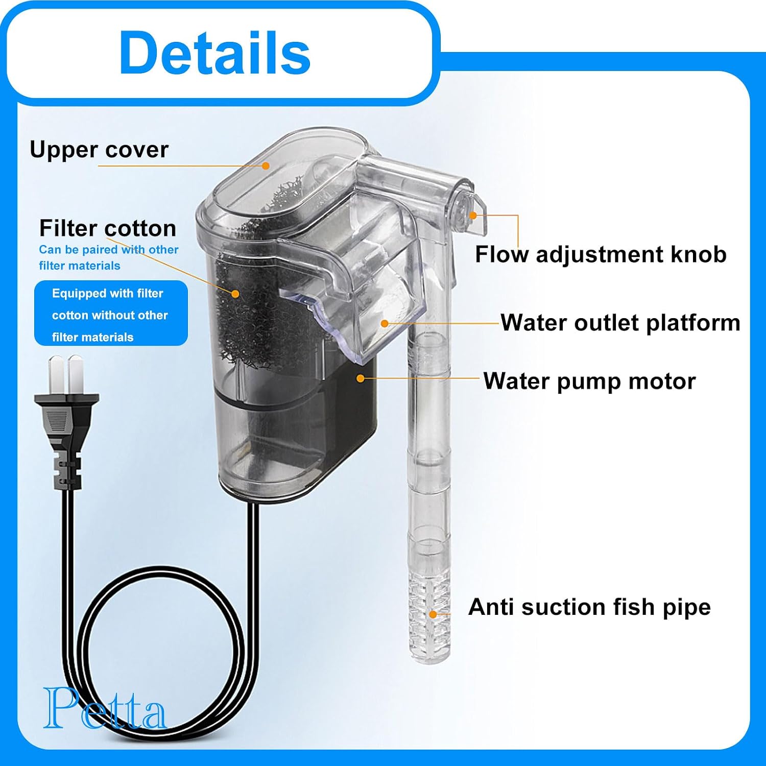 Slim Aquarium Filter,Quiet Hang on Back Fish Tank Filter for 3-10 Gal Aquariums with 1 Pre-Filter Sponge ，Adjustable