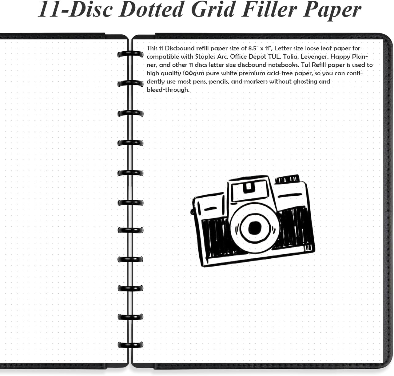 A4 TUL Discbound Dotted Refill Paper, 11-Disc Dot Grid Filler Paper, 100Sheets / 200Pages, 100gsm White Paper, 8.5''