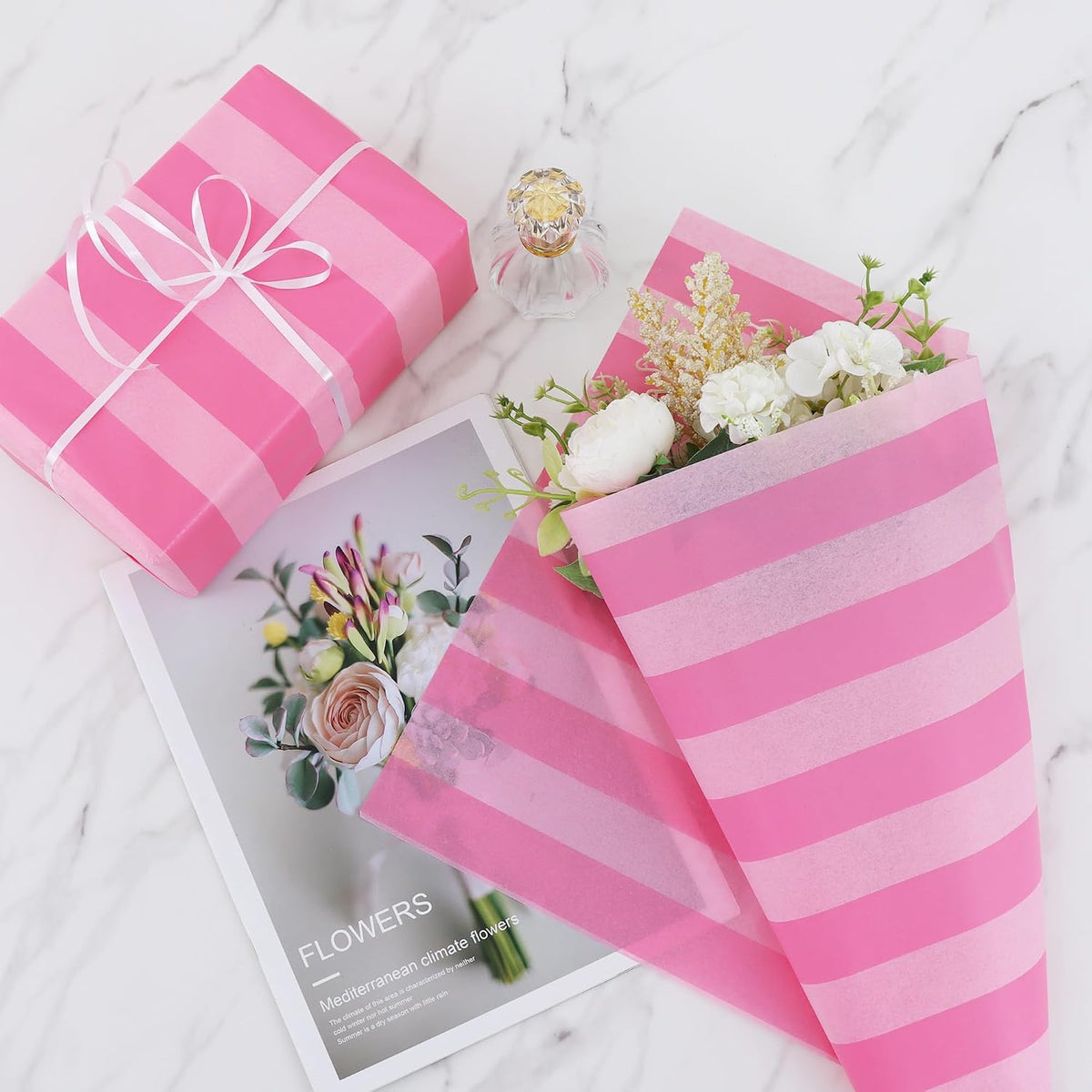 30 Sheets Rose Pink Big Stripe Tissue Paper Bulk for Gift Wrapping