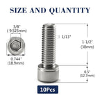 1/2-13 x 1-1/2" Socket Head Cap Screws Bolts, 10Pcs 304 Stainless Steel 18-8, Allen Socket Hex Drive, Full Thread, Bright Finish by SG TZH(with Hex Spanner)