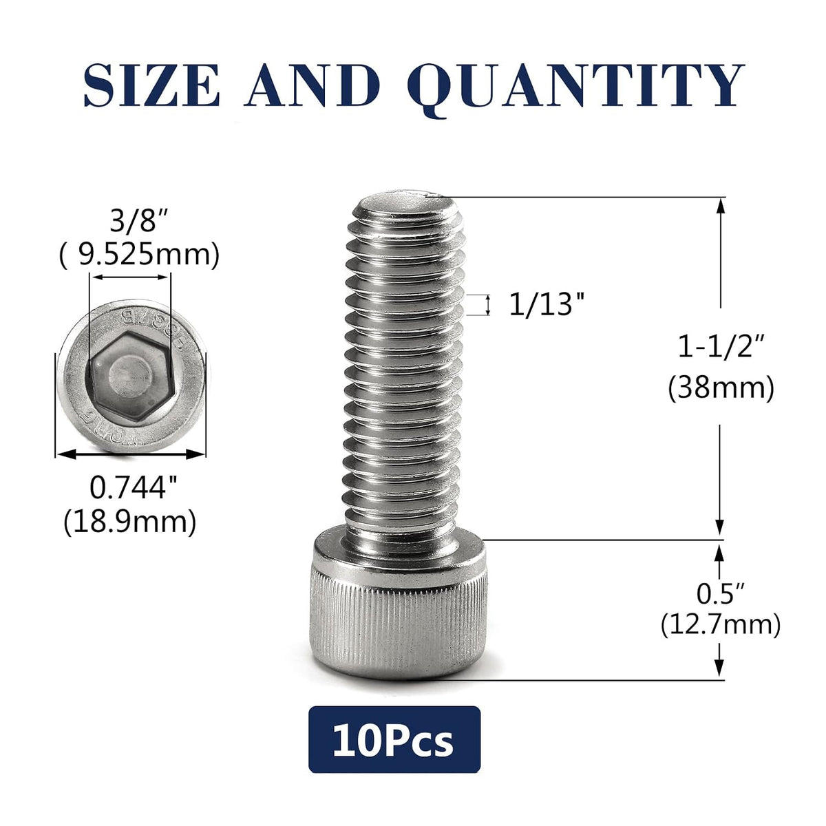 1/2-13 x 1-1/2" Socket Head Cap Screws Bolts, 10Pcs 304 Stainless Steel 18-8, Allen Socket Hex Drive, Full Thread, Bright Finish by SG TZH(with Hex Spanner)