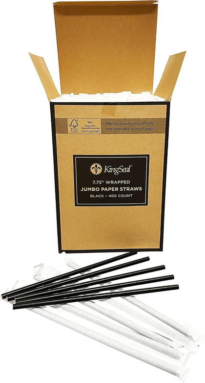 400 Count | Kingseal "Jumbo" Paper Drinking Straws, FSC Certified, Paper Wrapped, 7.75" Length x 6mm Diameter, BLACK