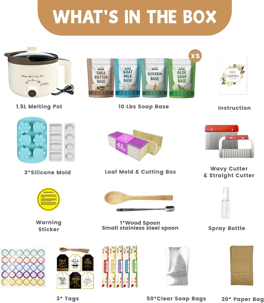 Soap Making Kit with 4 Flavored 10 lbs Soap Base in Bulk | DIY Soap Kit in Bulk with Soap Melting Pot, 10 lbs Soap