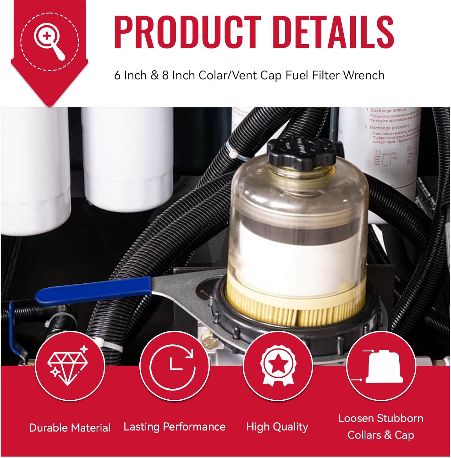 6 Inch & 8 Inch Colar/Vent Cap Fuel Filter Wrench for 380134 382 & 482 483 782, Replace for Davco Filter Wrench Fit