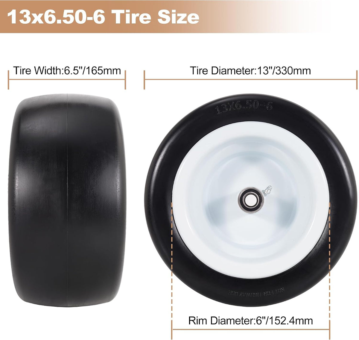 13x6.50-6 Flat Free Lawn Mower Tires and Wheelsfor Zero Turn Mowers | 13x6.5-6 Solid Front Smooth Tread Tires with