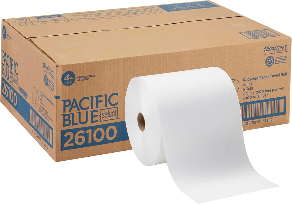 Pacific Blue Select 7.875" Recycled Paper Towel Rolls by GP PRO, White, 26100, 1000 Feet Per Roll, 6 Rolls Per Case
