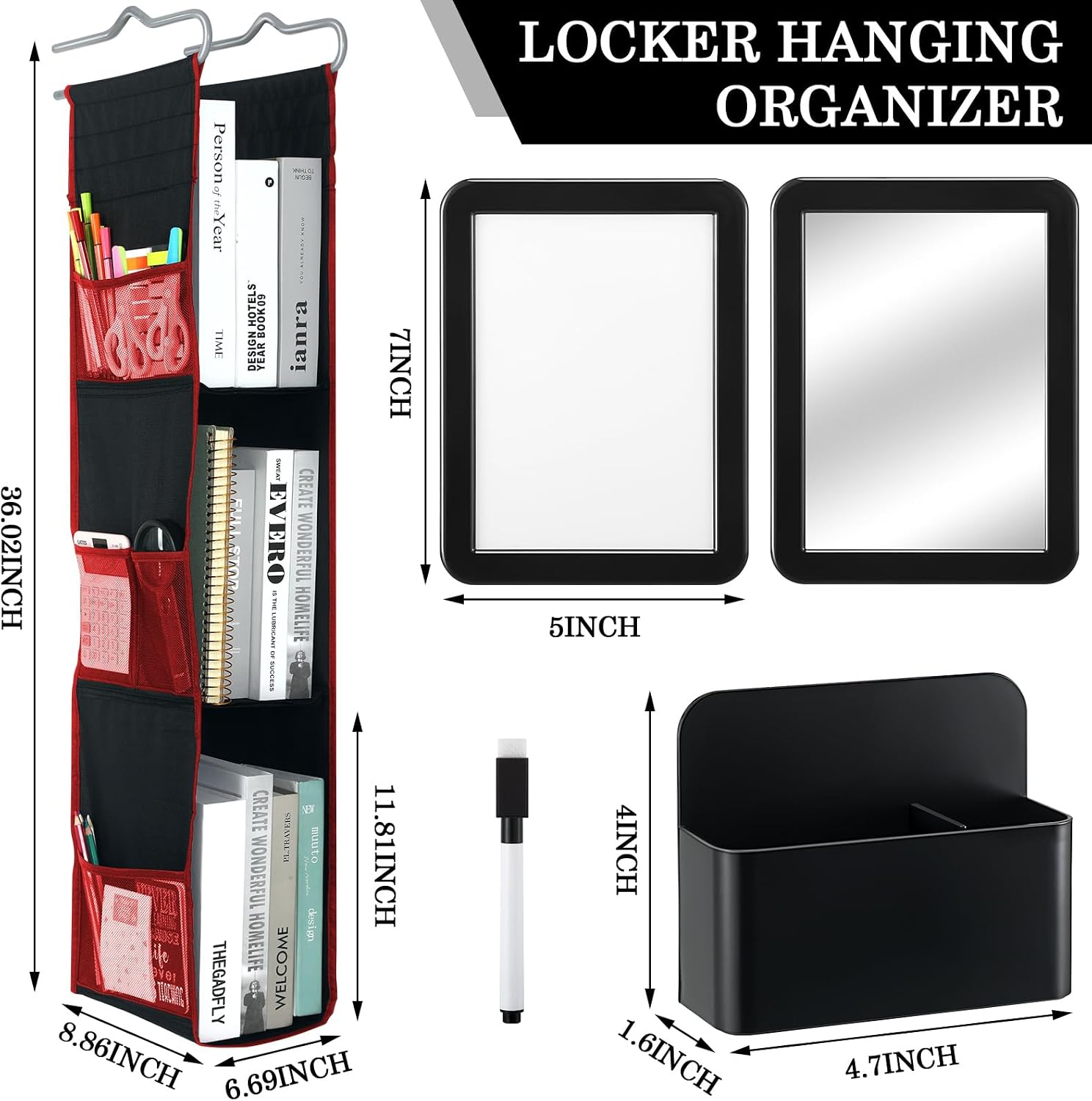 5 Pcs 3 Shelf Hanging Locker Organizer Adjustable School Locker Shelf with Magnetic Pen Holder Magnetic Mirror