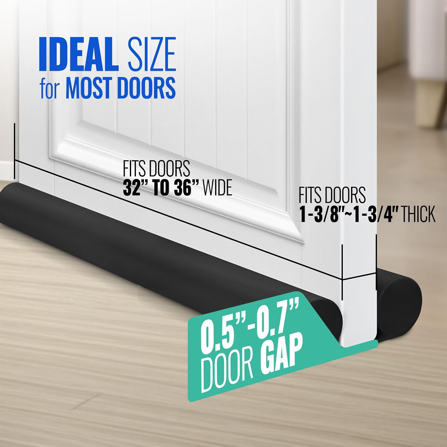 Under Door Draft Stopper - Door Sweep Gap Filler Seal 36 Inch Black | Adjustable Fit Most Doors, Machine Washable