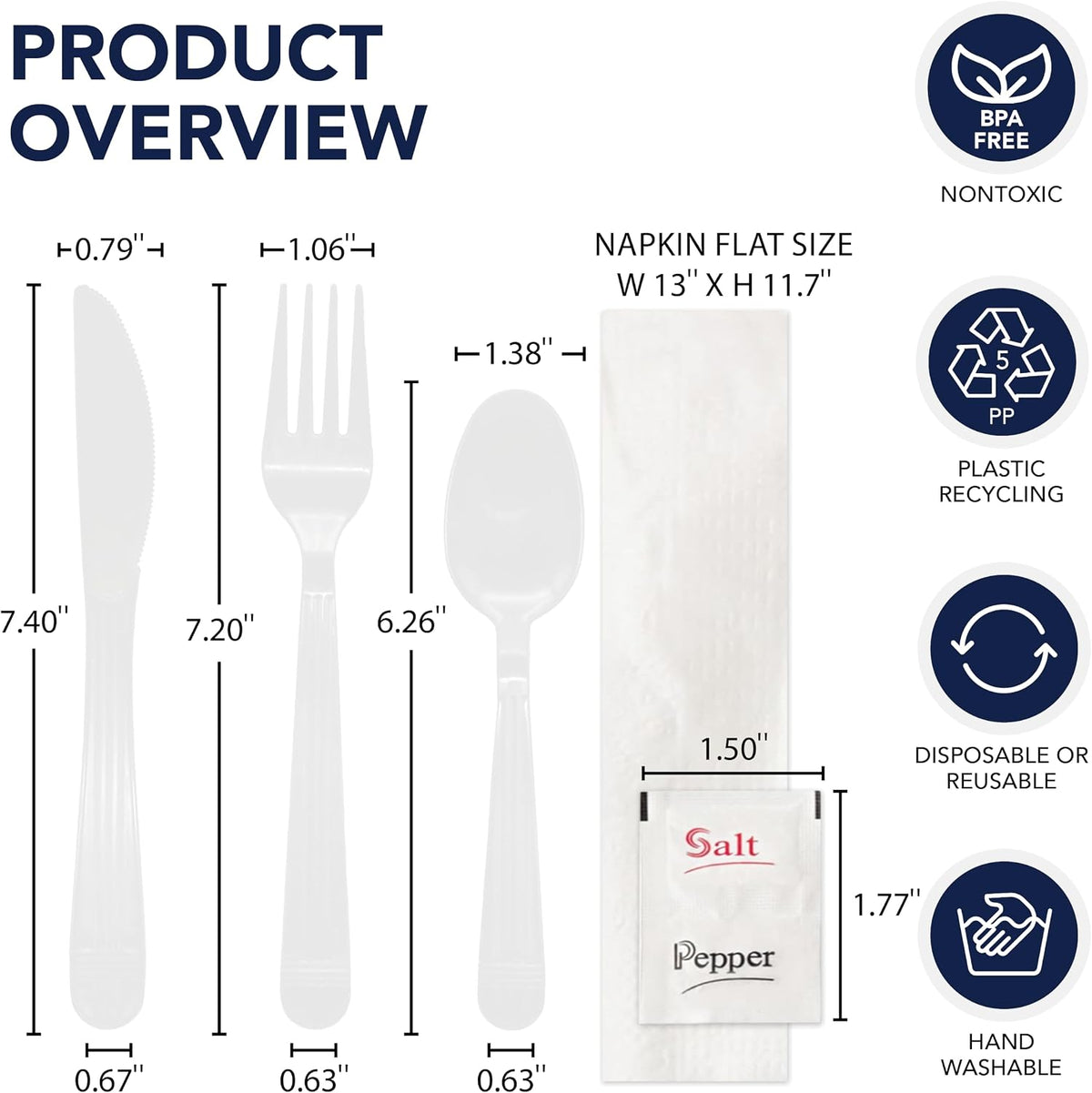 Individually Wrapped Plastic Cutlery Packets/Heavy Duty Silverware Kits, Fork/Spoon/Knife/Napkin/Salt/Pepper, 50