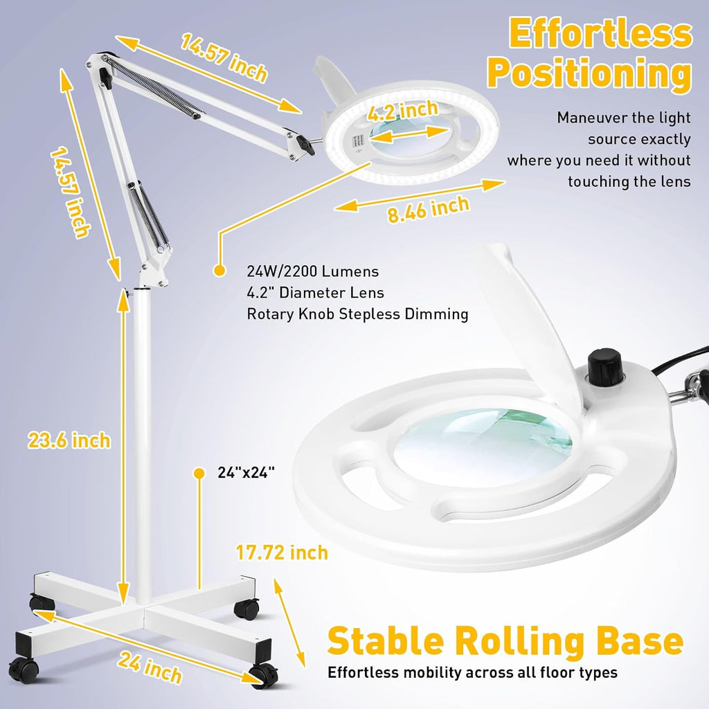 2200 Lumens Esthetician Magnifying Light with Rolling Wheels Base | 12X Real Glass, 144 Bright LED, Stepless